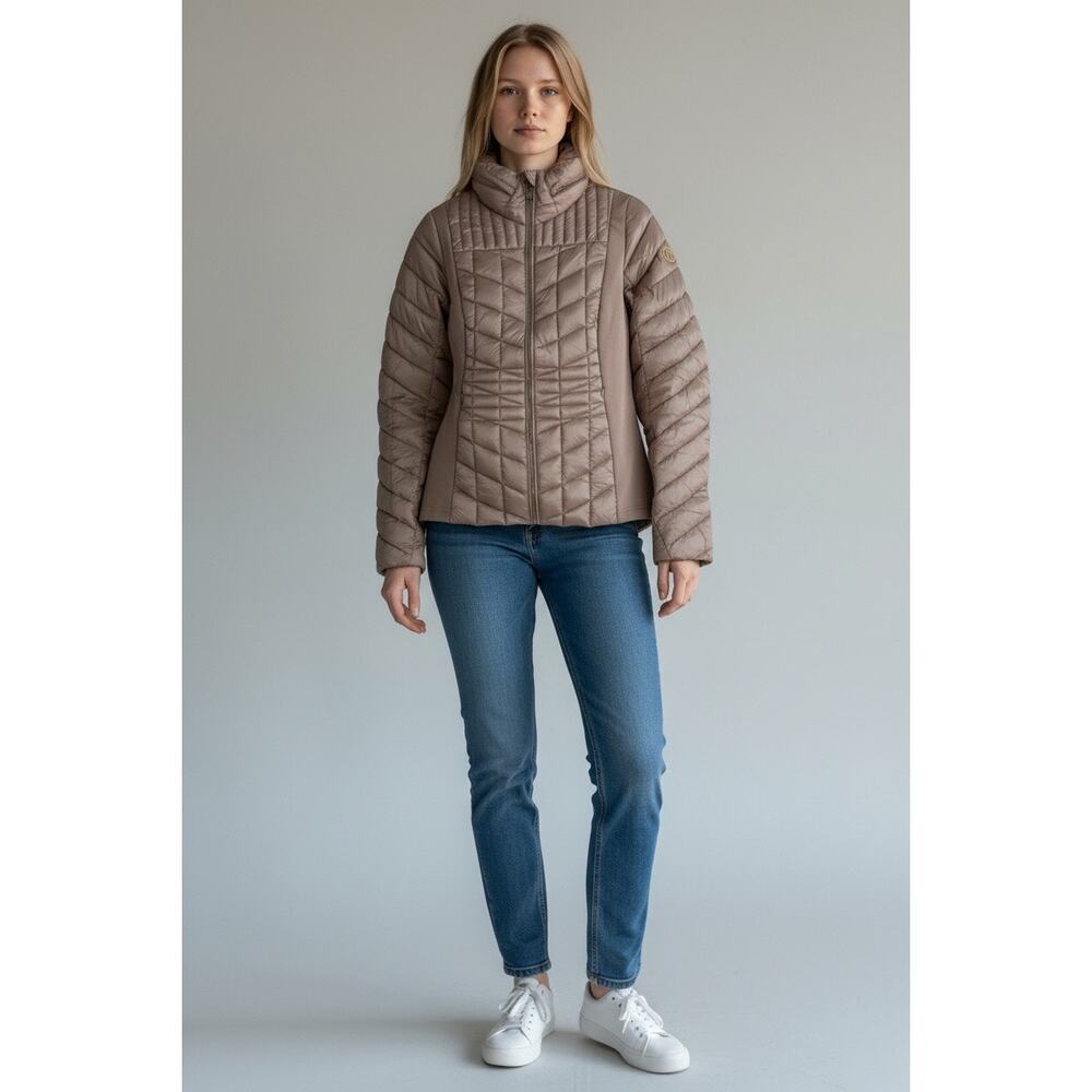 Bernardo Quilted Nylon Primaloft Hooded Jacket In Taupe Women's Size M NWT